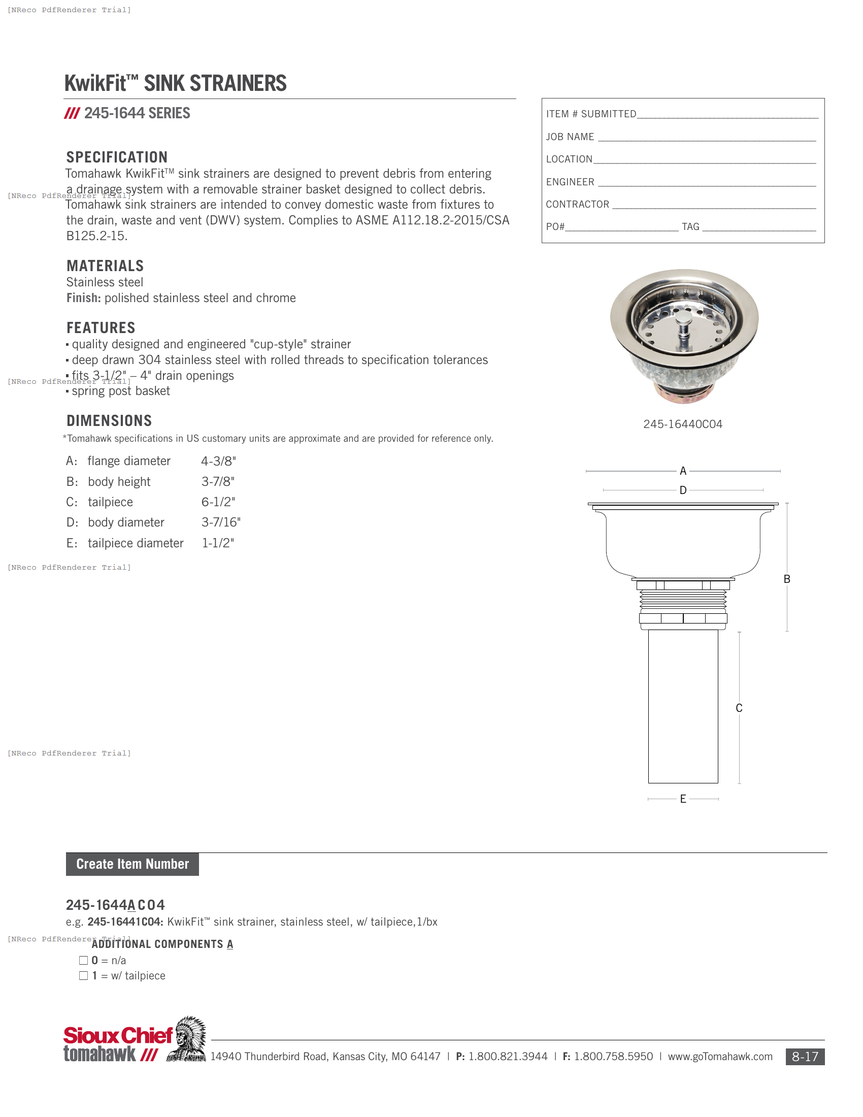 245-1644 SERIES - KWIK-FIT SINK STRAINER - SPEC SHEET.PDF Specification Document
